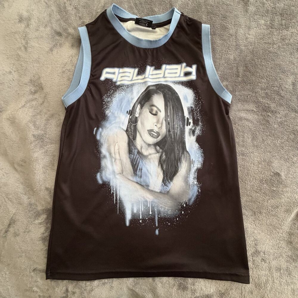 Aaliyah Mesh Graphic Print Jersey Tank Top Black Blue Sleeveless Women's Size S